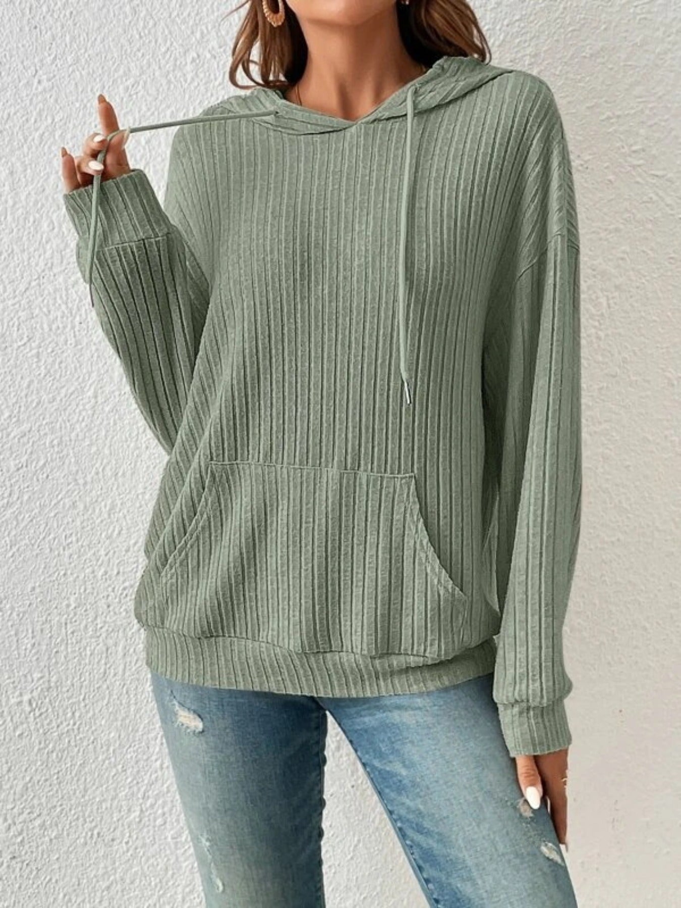 Women's Ribbed Knit Long Sleeve Drawstring Medium Stretch Hooded Sweater With Kangaroo Pocket