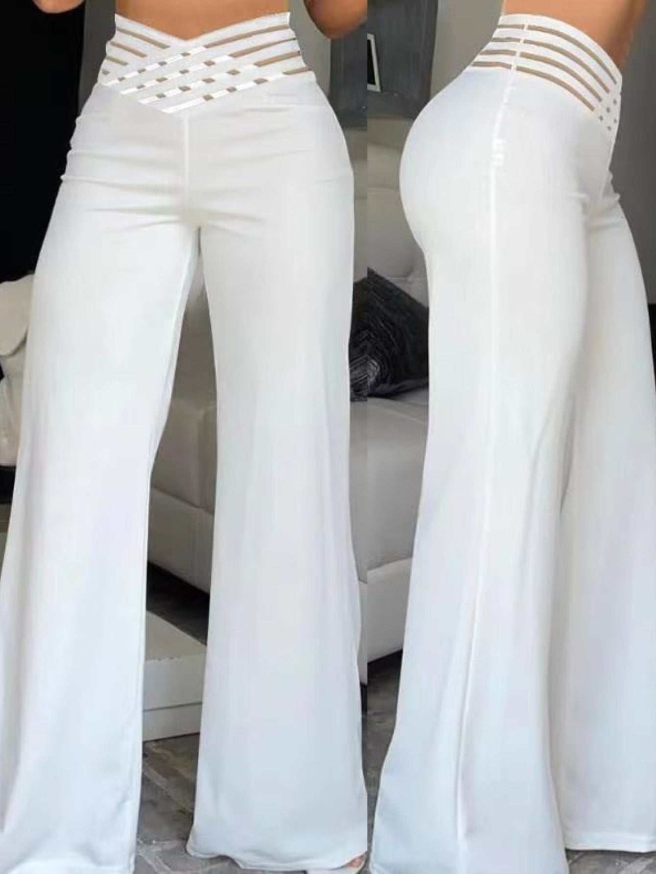 Elegant High-Waist Cross Detail Transparent Mesh Patchwork Pants