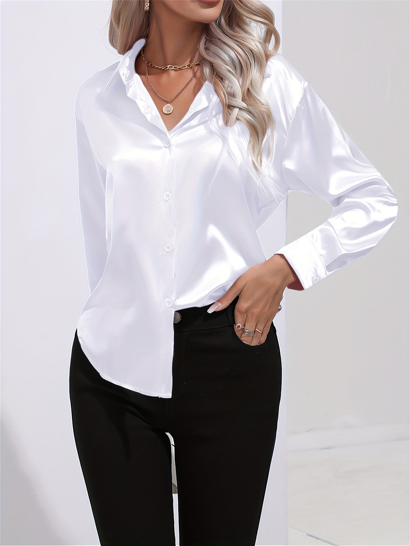 Lapel-collar Satin-satin-faux Silk Long-sleeved Shirt