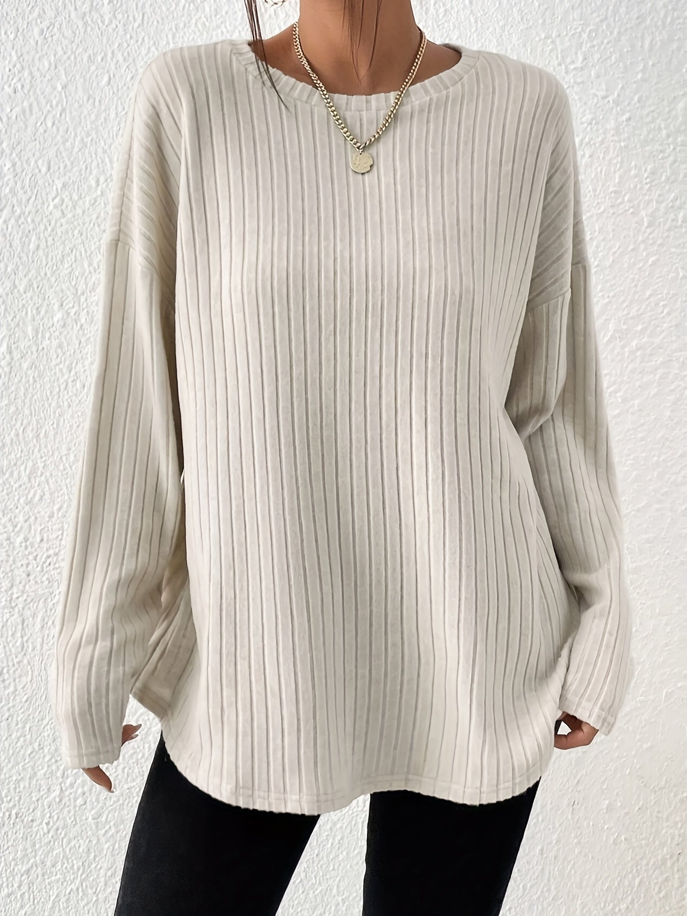 Ribbed Crew Neck T-Shirt, Casual Long Sleeve Top