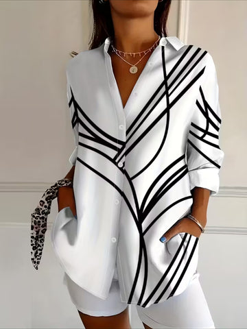 Casual Stripe Print Blouse with Lapel Collar