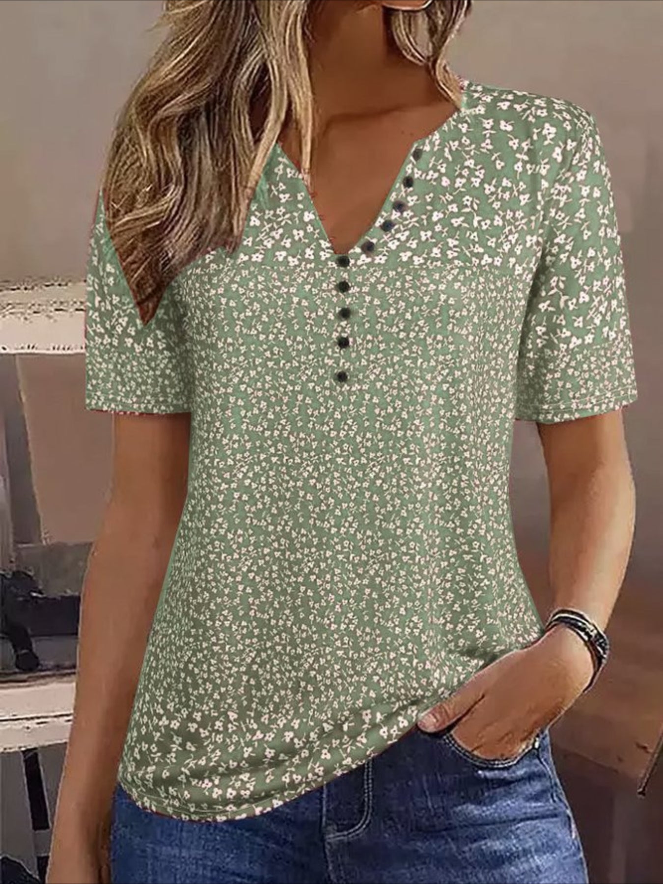 Allover Print Button Front V Neck Blouse, Casual Short Sleeve Top