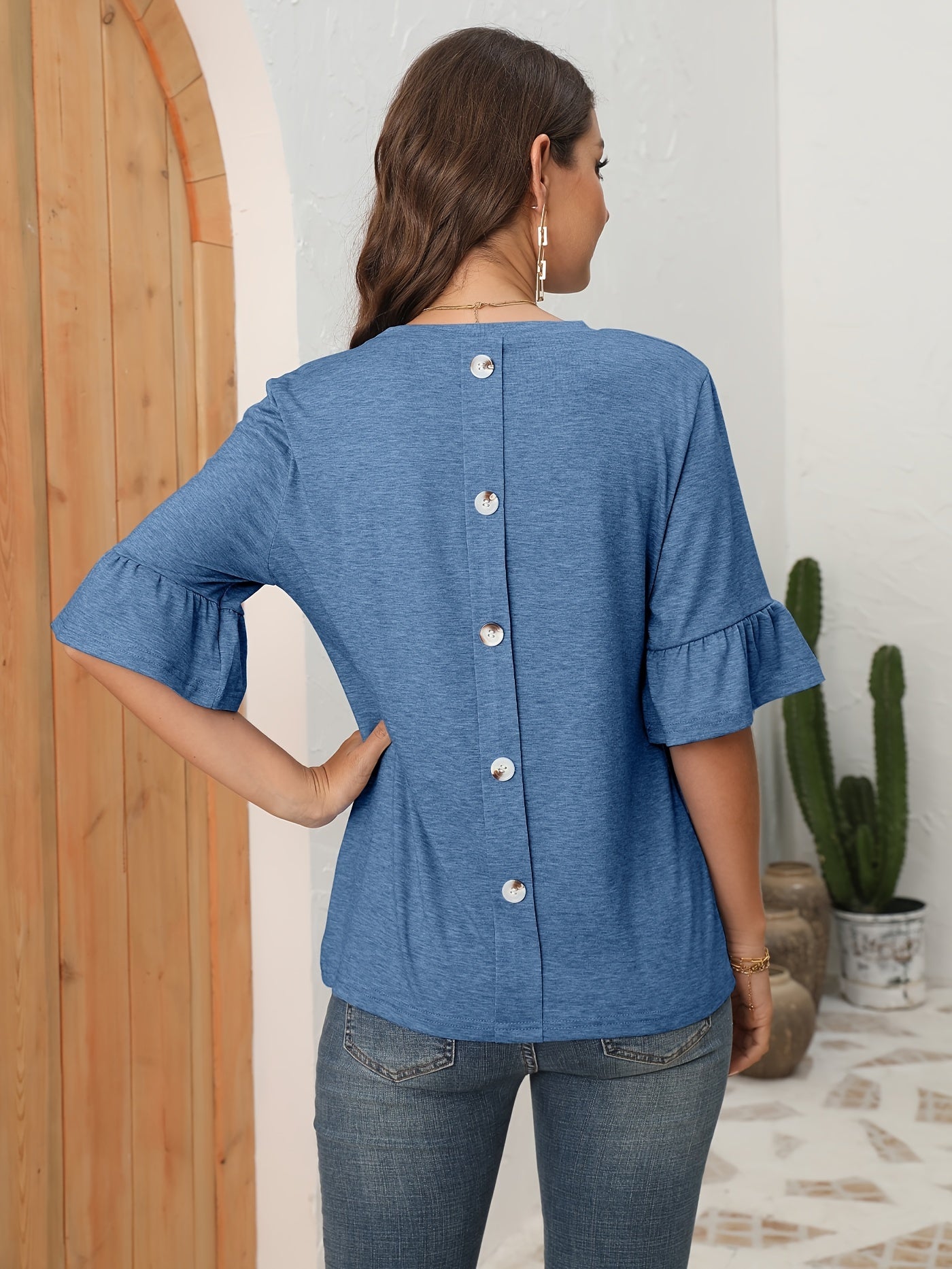 Button Back Solid T-shirt, Casual Crew Neck Half Sleeve T-shirt