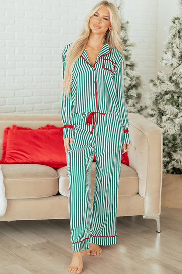 Green Stripe Contrast Velvet Trim Bow Knot Waist 2pcs Pajama Set