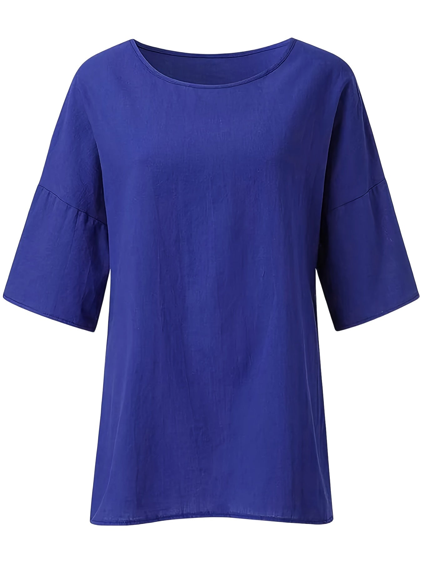 Crew Neck Loose Blouses, Casual Solid Color 3/4 Sleeve Summer Shirts Tops