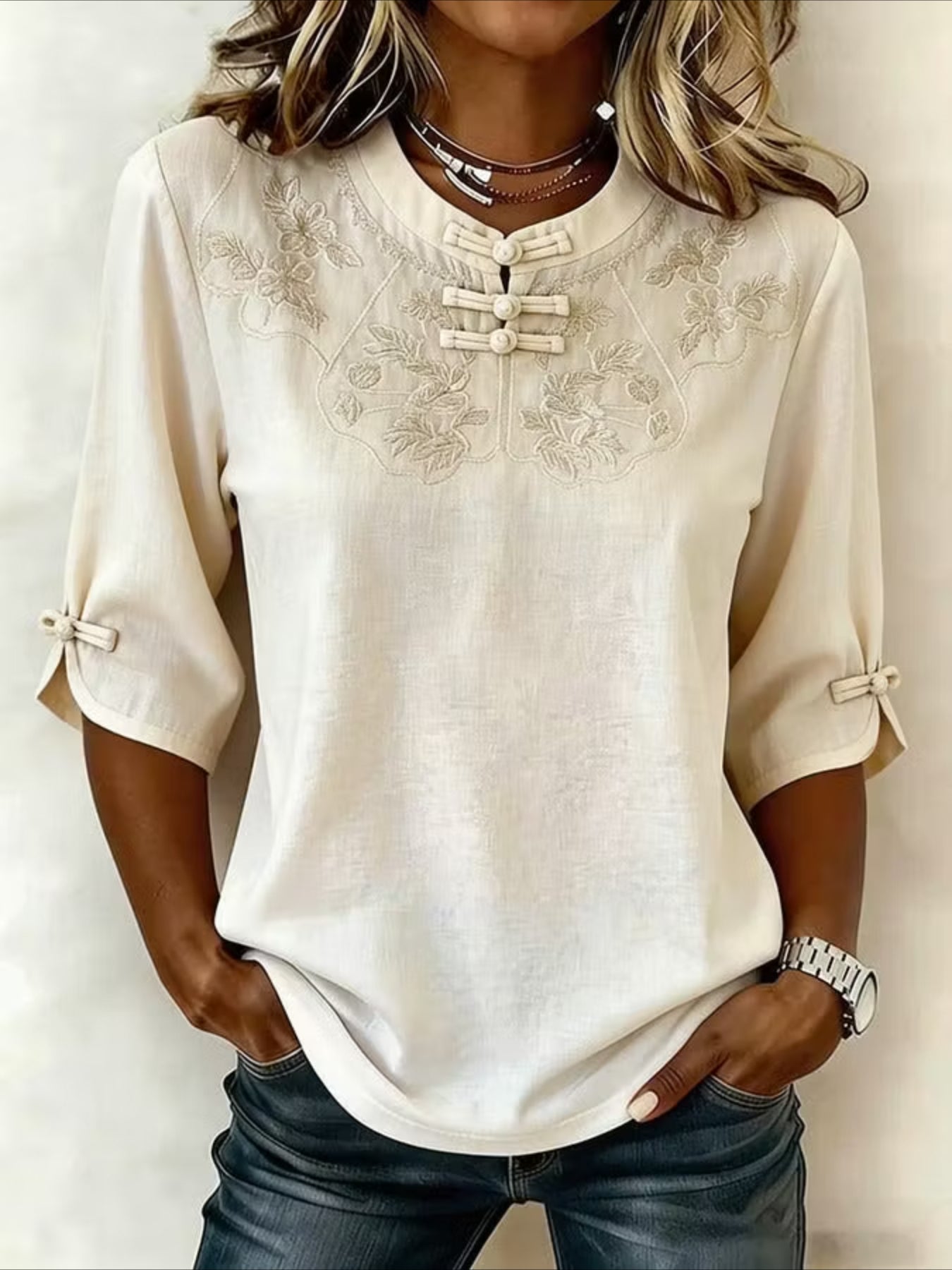 Printed Half Sleeve Floral Buckle Mandarin Collar Blouse