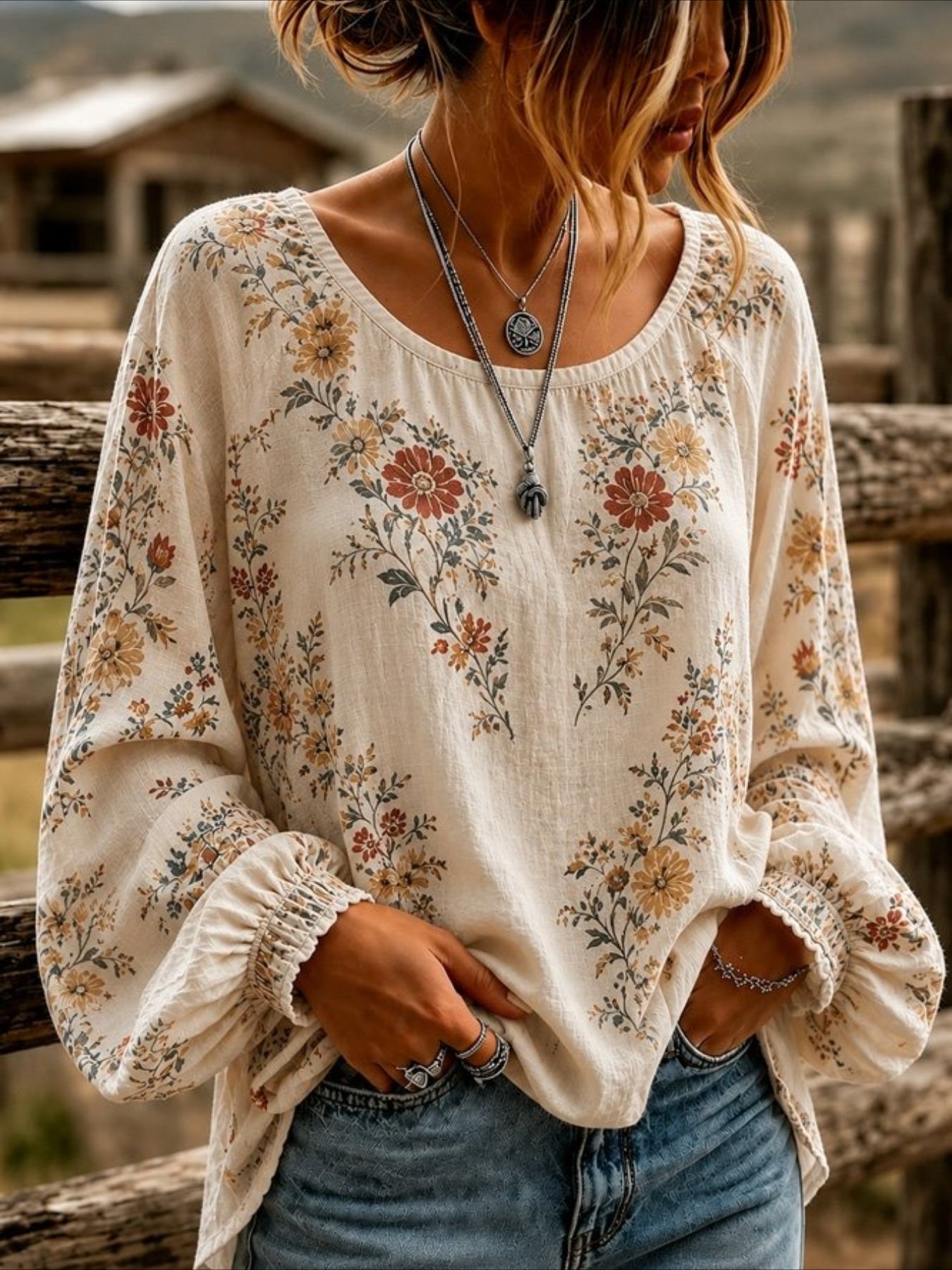 Daisy Floral Crew Neck Long Sleeve Blouse