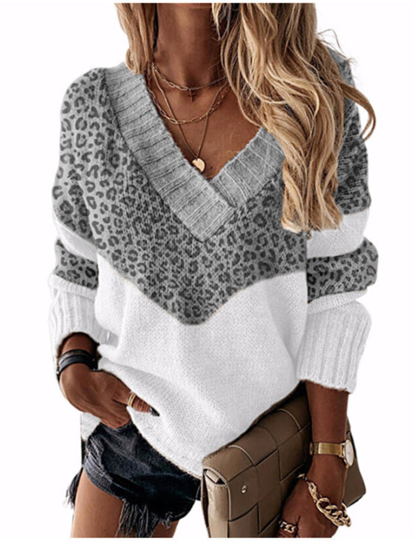 Color Block Simple Knit Sweater, Casual V Neck Long Sleeve Sweater
