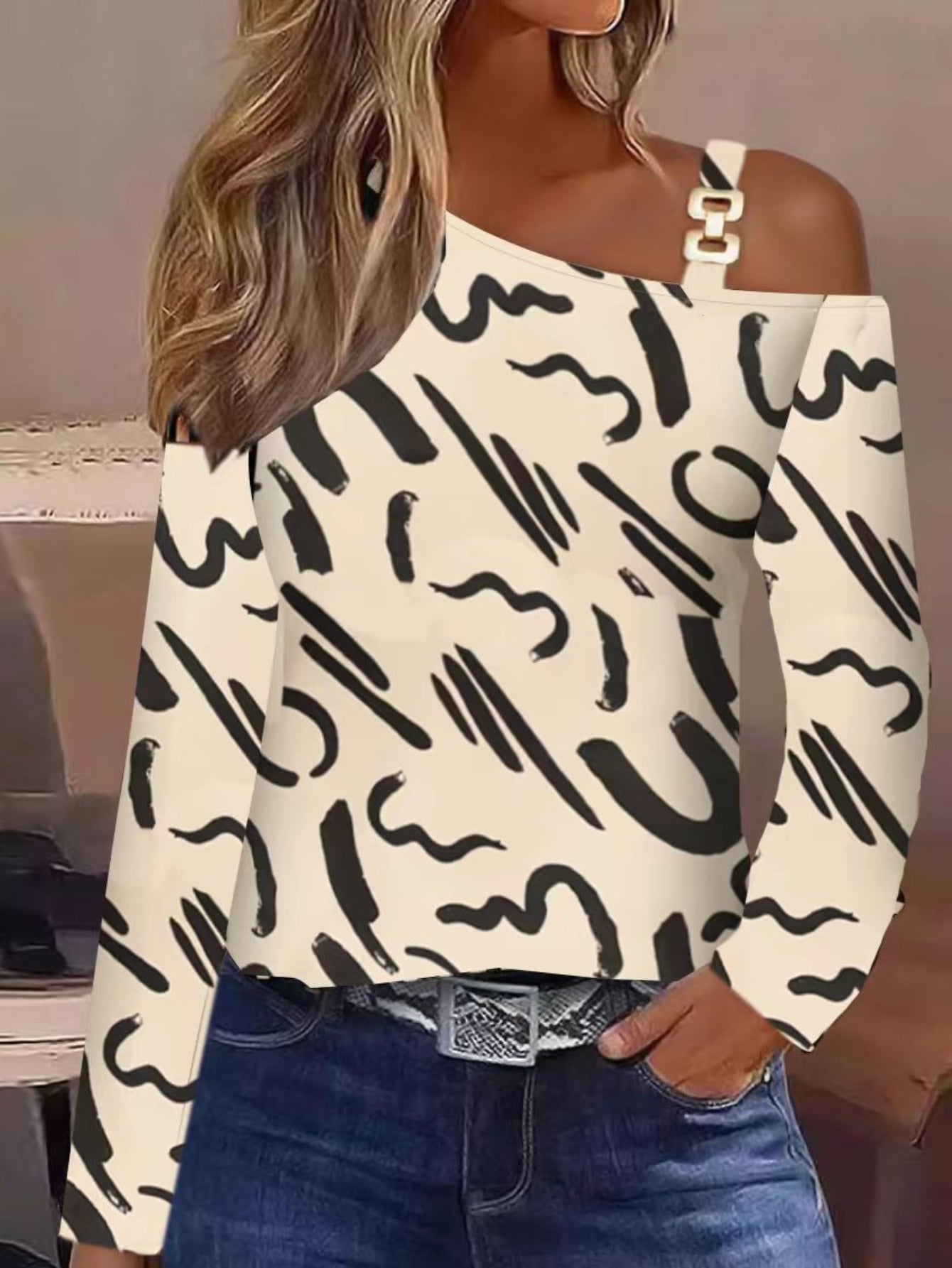 Cutout Lace Stitching Cold Shoulder T-Shirt, Casual Long Sleeve Top