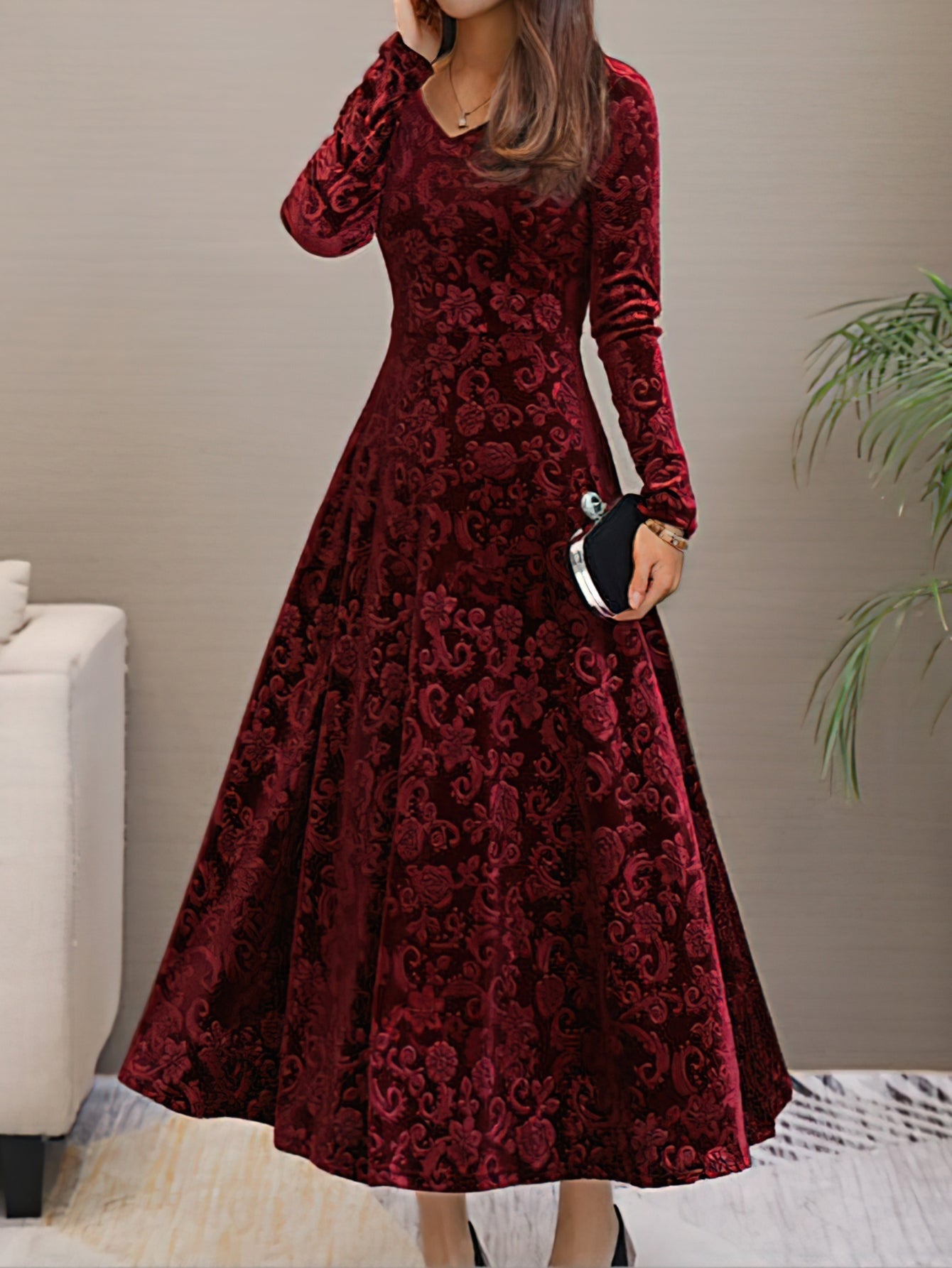 Solid Color Long Sleeve Dress, Elegant V Neck Flared Dress