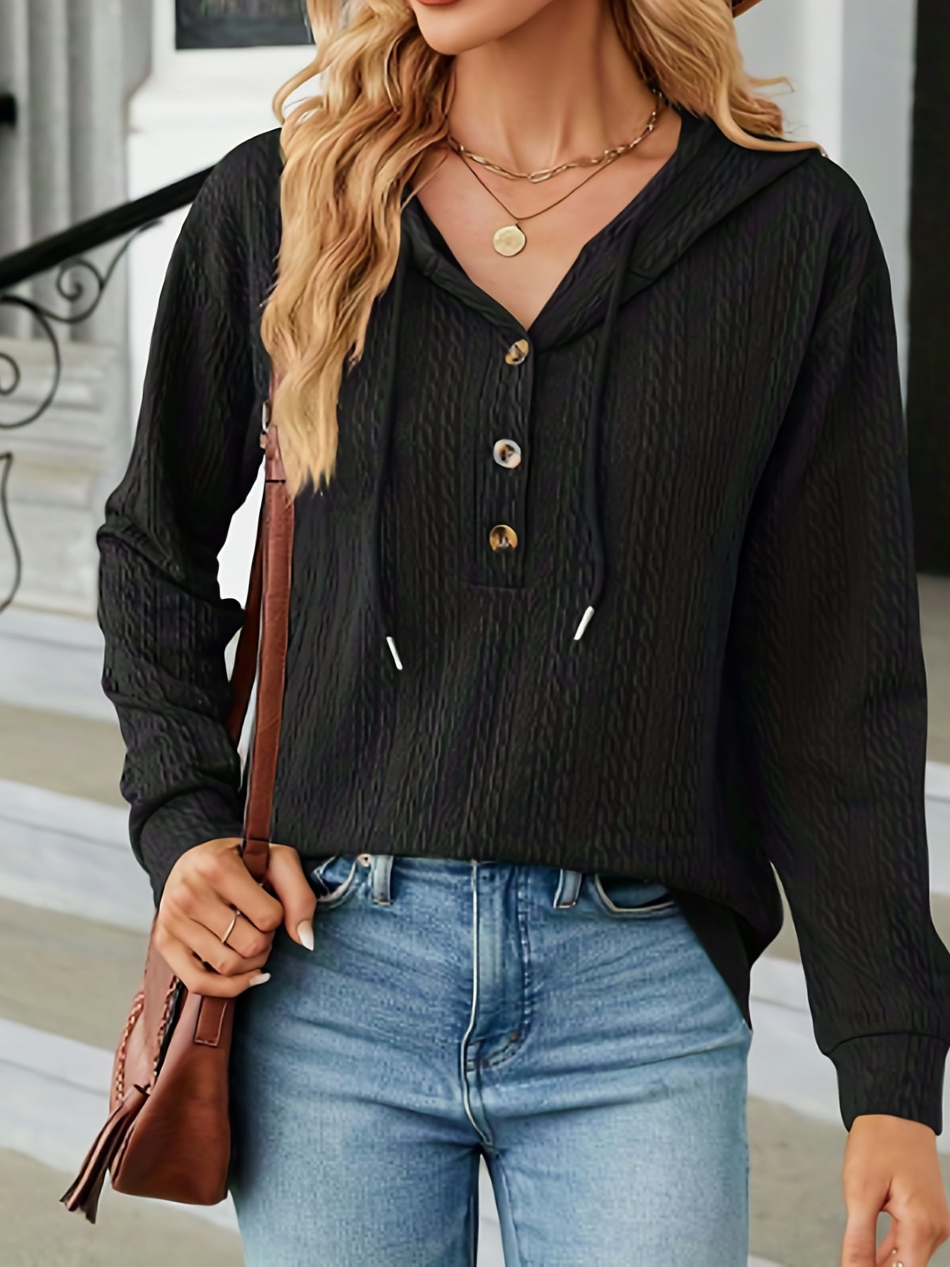 Solid Textured Button Up Long Sleeve Drawstring Hoodie