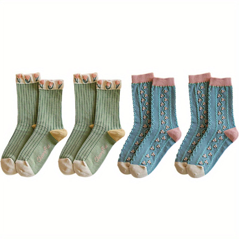 4pairs Floral Socks Set, Women Cute Flower Geometric 3D Textured Ankle Cotton Blend Cottagecore Lucky Socks