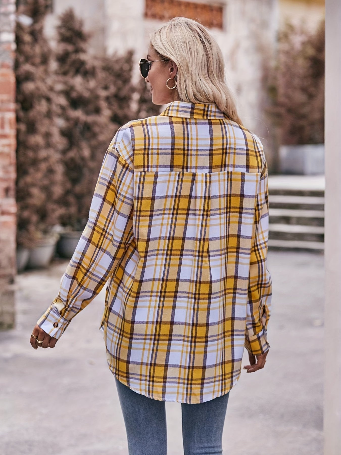 Plaid Print Polo Collar Button Shirt, Casual Long Sleeve Shirt