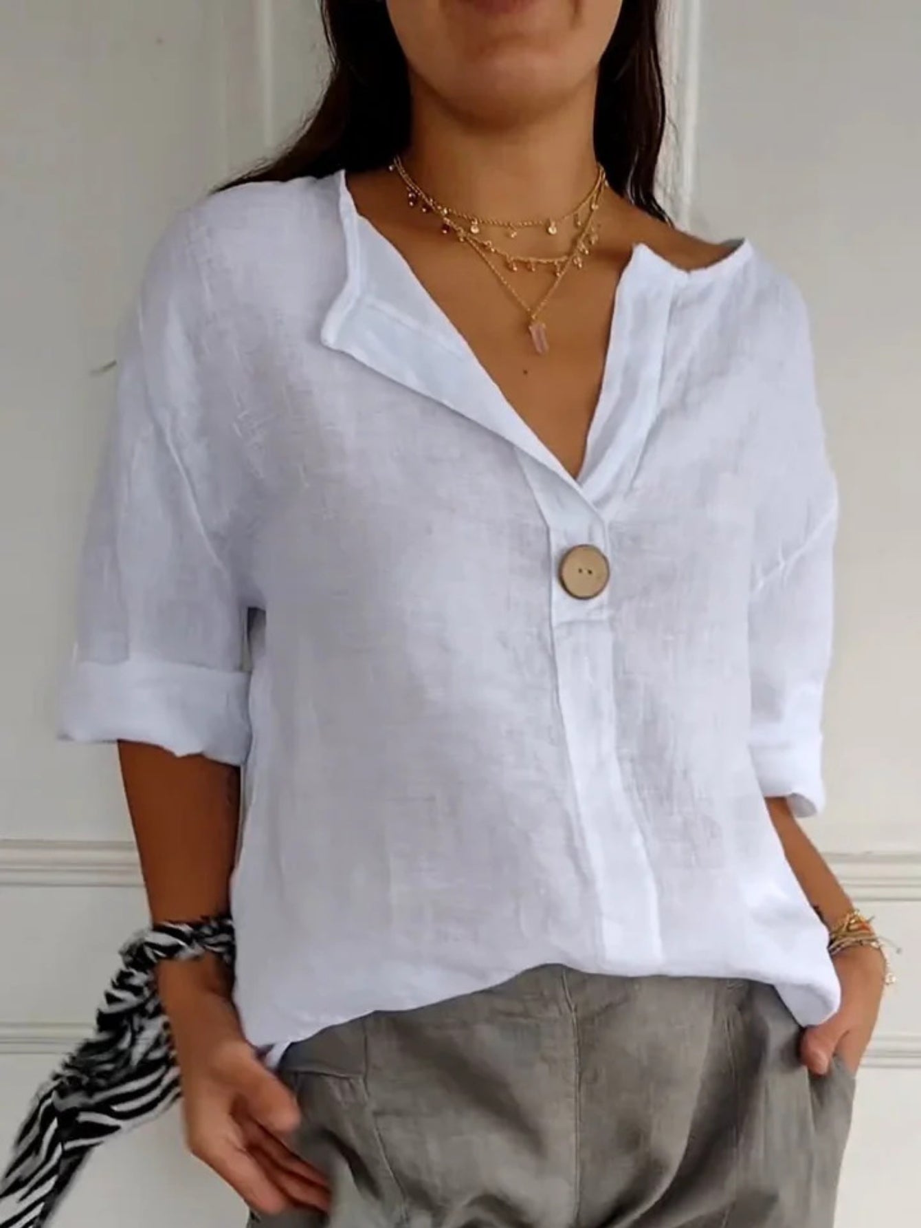 V Neck Three Quarter Sleeve Plain Buttoned Regular Loose Blouse