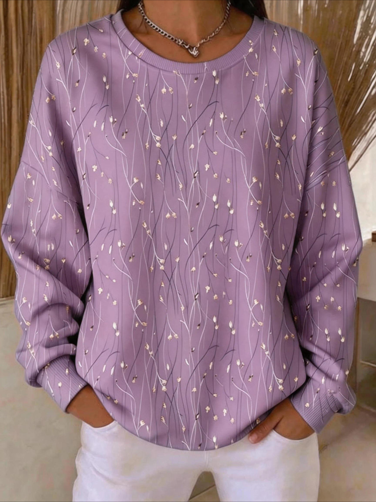 Casual Loose Leaf Crew Neck Regular Fit Sweatshirt