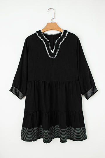Black Contrast Stitched V Neck 3/4 Sleeve Tiered Mini Dress