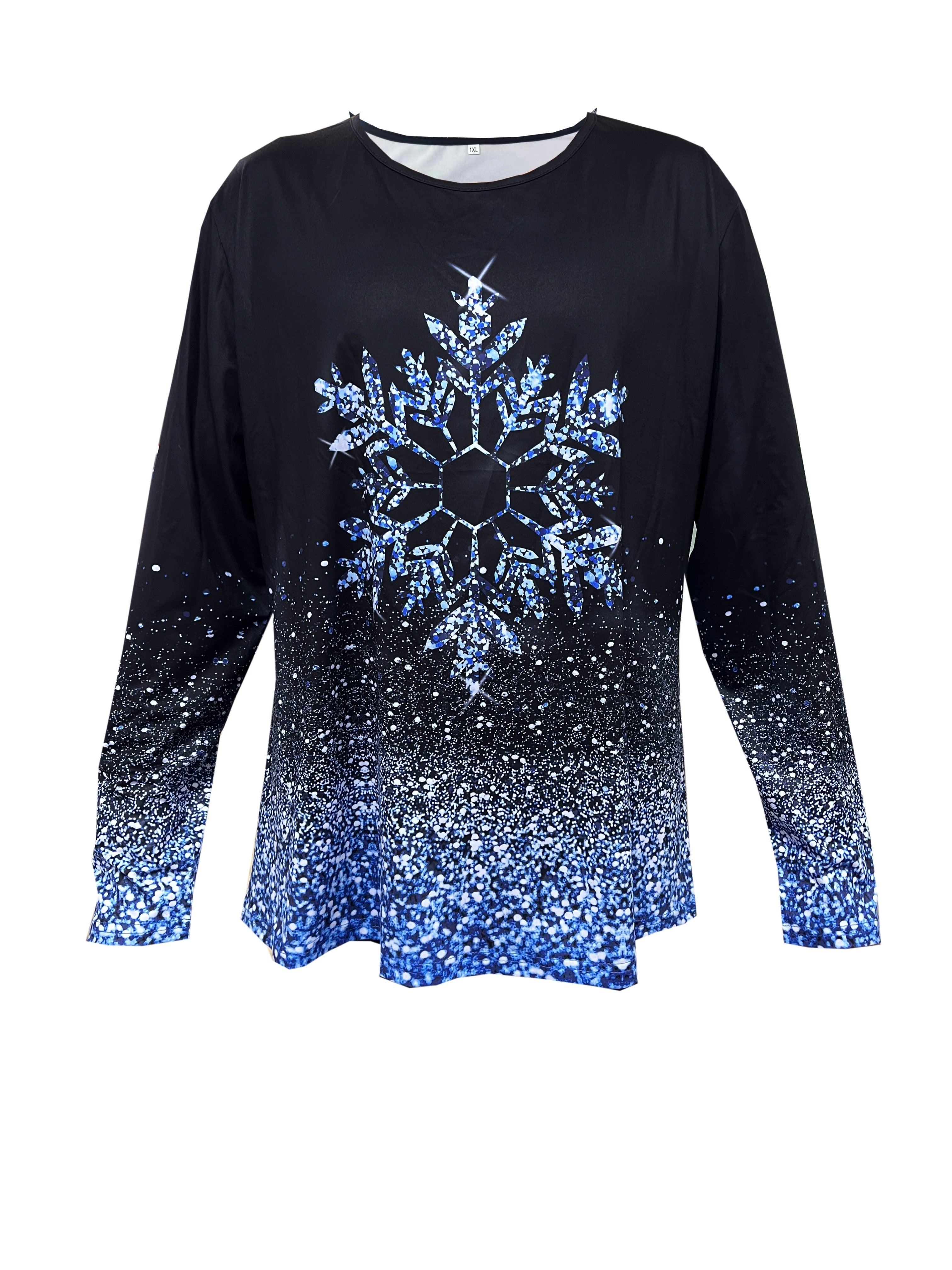 Women's Glitter Snowflake Print Long Sleeve Round Neck Slight Stretch Top