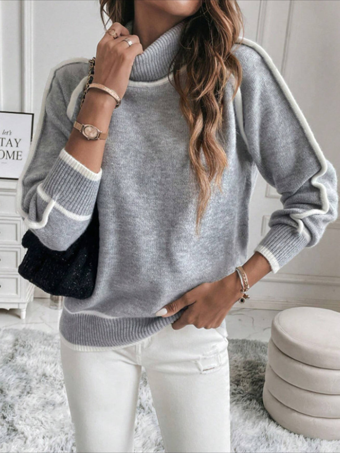 Stylish Contrast Trim Turtle Neck Sweater - Cozy Casual Long Sleeve Sweater