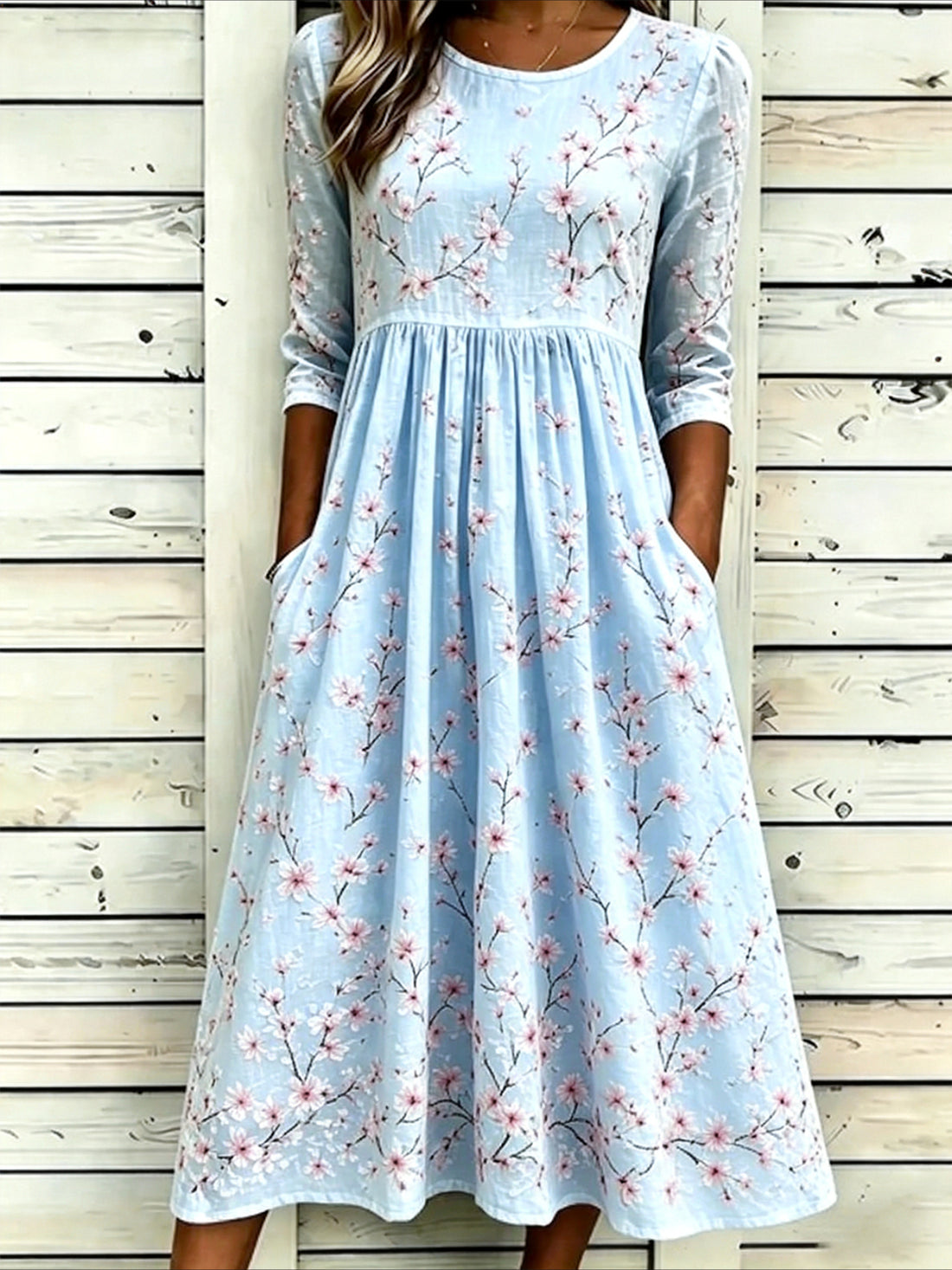 Flower Casual Round Neck Half Sleeve Mid Dress