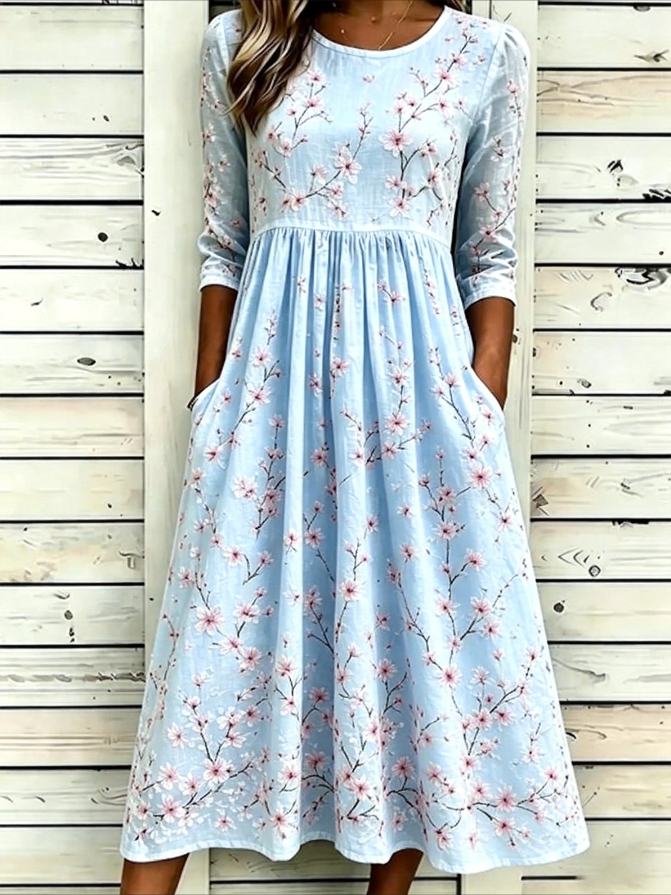 Flower Casual Round Neck Half Sleeve Mid Dress