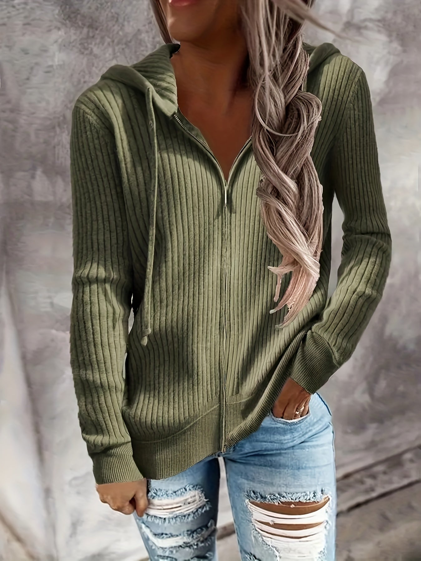 Women's Casual Zip Up Hoodie with Drawstring and Long Sleeves - Stay Warm and Stylish