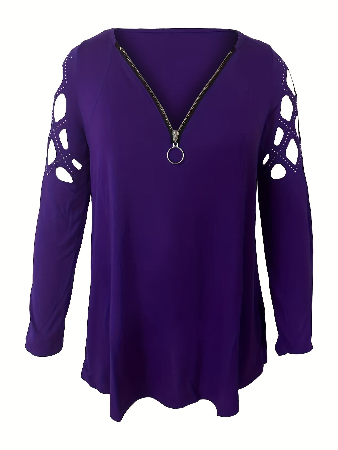 Cutout Zipper Front T-Shirt, Casual V Neck Long Sleeve T-Shirt