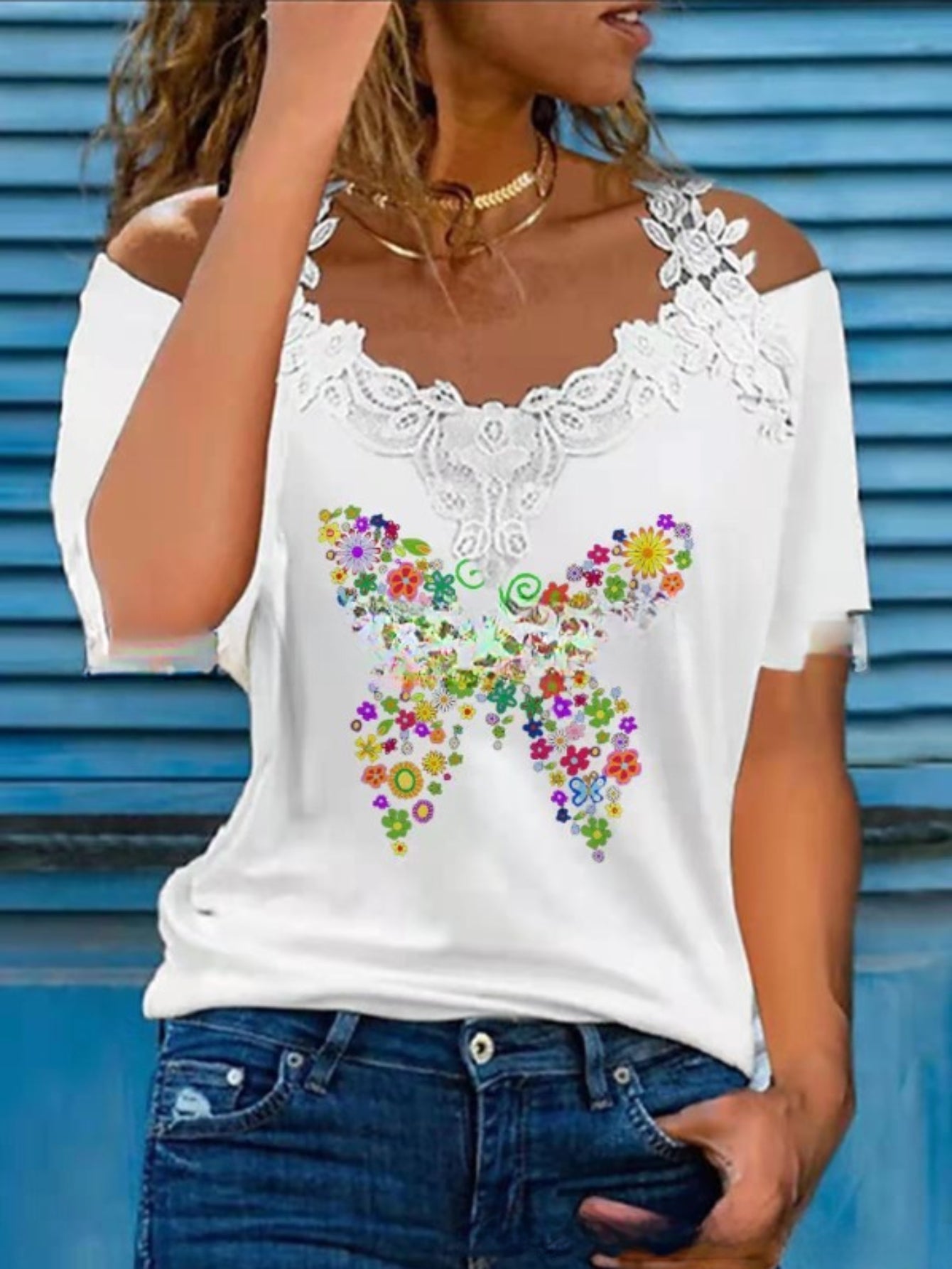 Solid Stitching Floral Print Short Sleeve Top, Casual Everyday T-Shirt