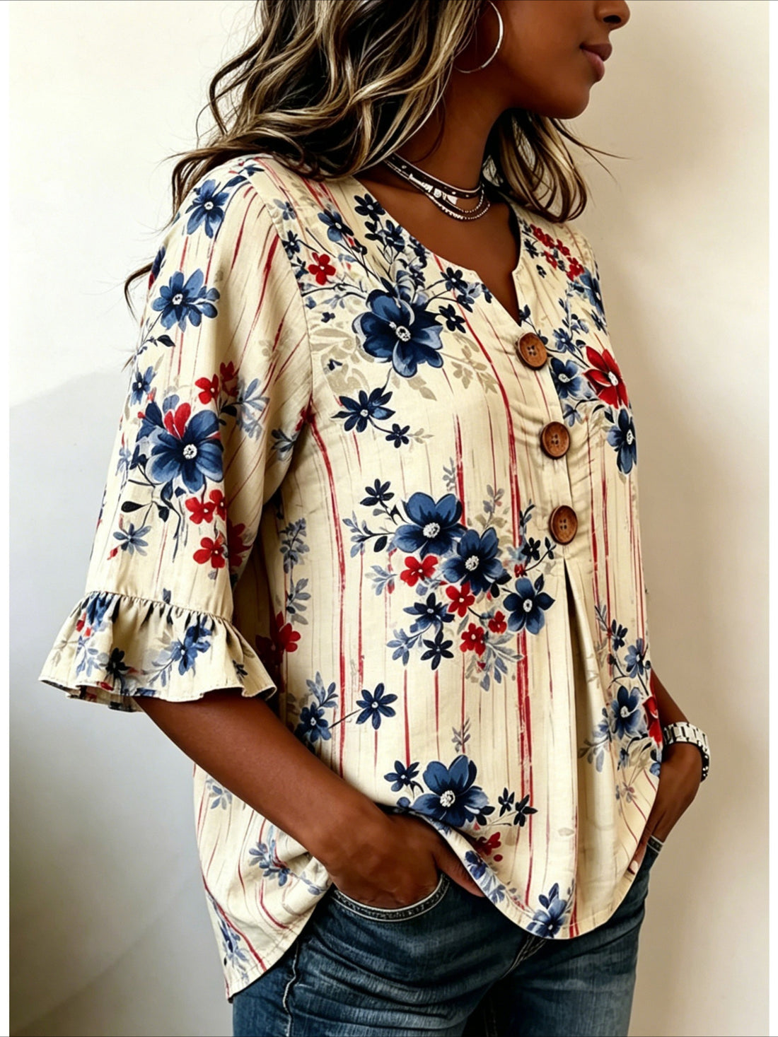 Flower Print V Neck Button Short Ruffle Sleeve Casual Top