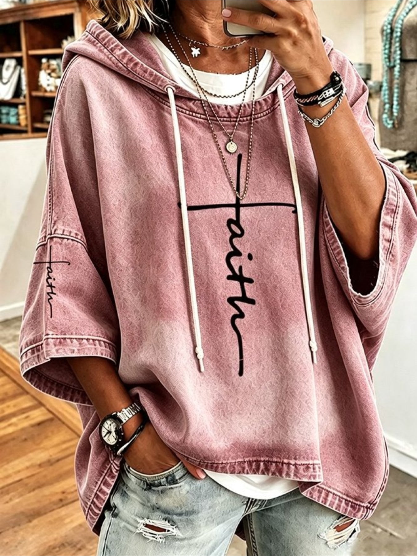 Casual Faith Cross Print Denim-Look Hoodie