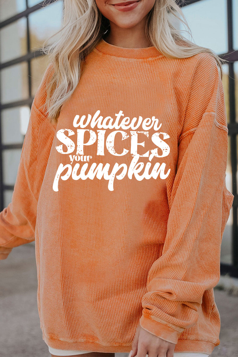 Orange Whatever Spices Your Pumpkin Graphic Corded Pullover Sweatshirt