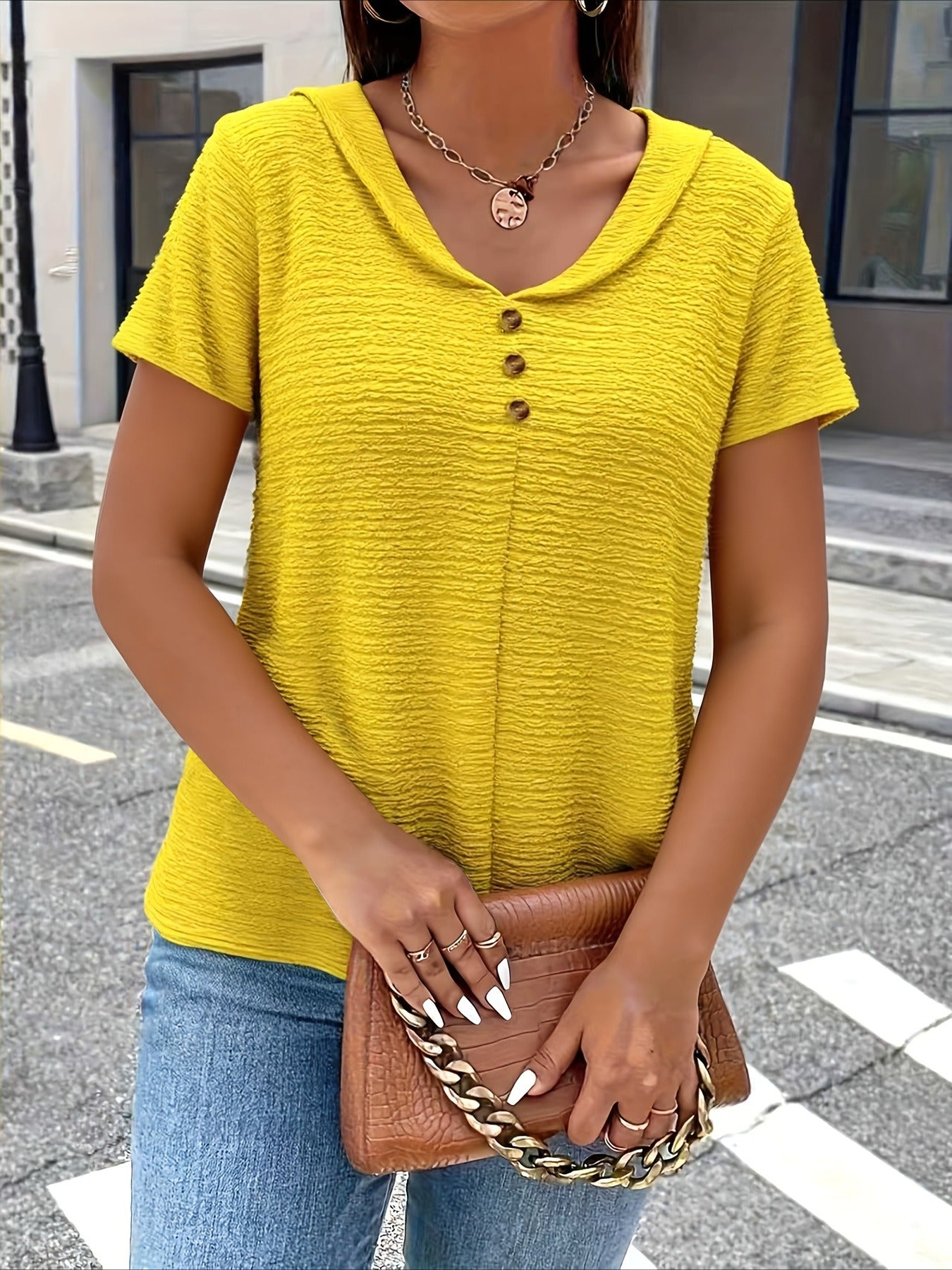 Elegant Solid Color Button- Doll Collar Short Sleeve T-Shirt