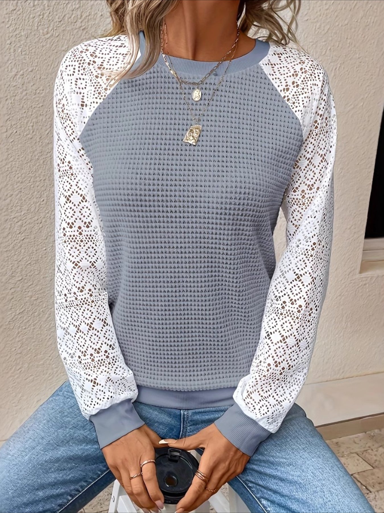 Lace Patchwork Textured Sweatshirt Casual Wear Pullover Fall Outfit