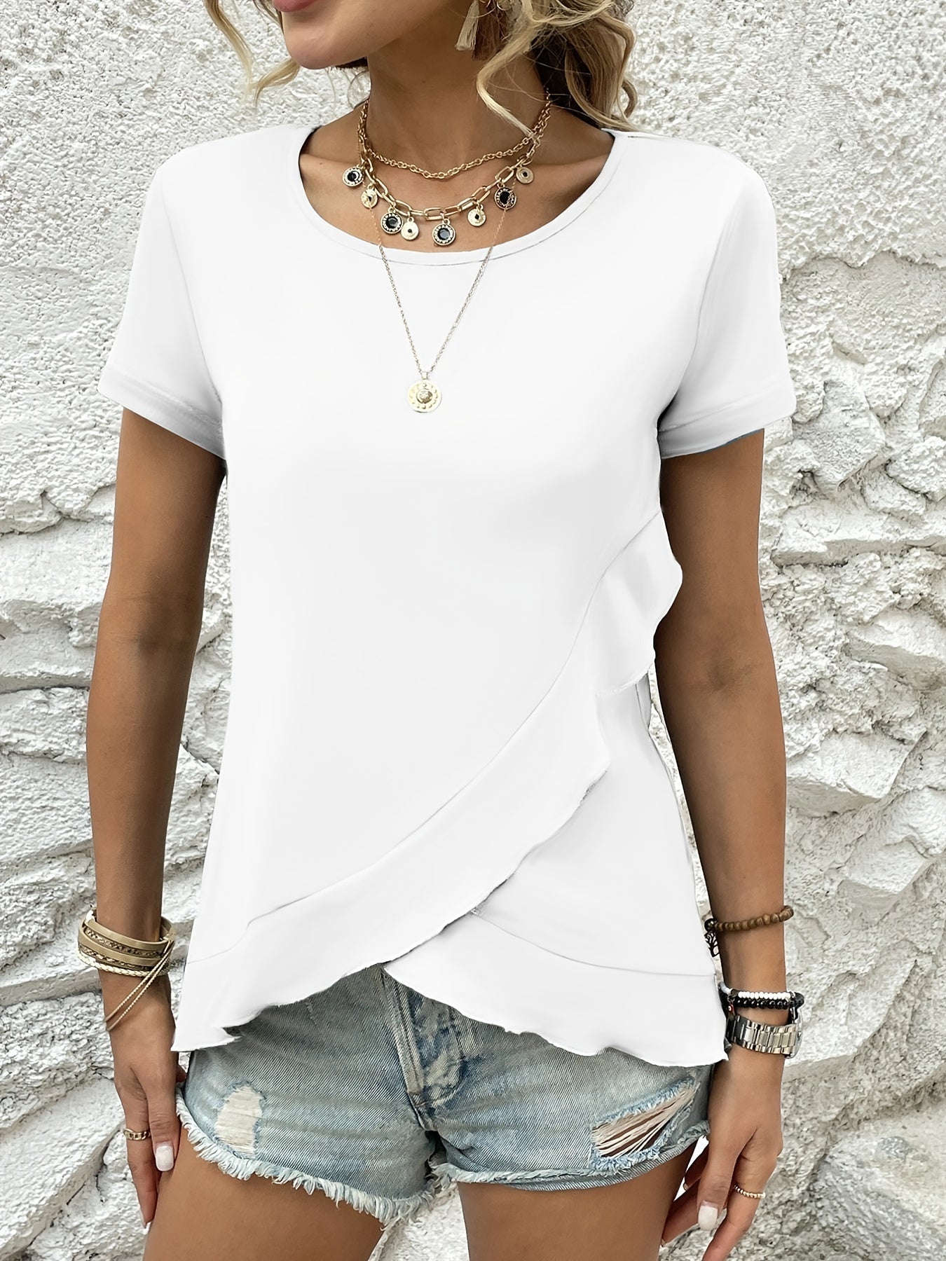 Asymmetrical Ruffle Hem T-Shirt, Casual Crew Neck Short Sleeve T-Shirt