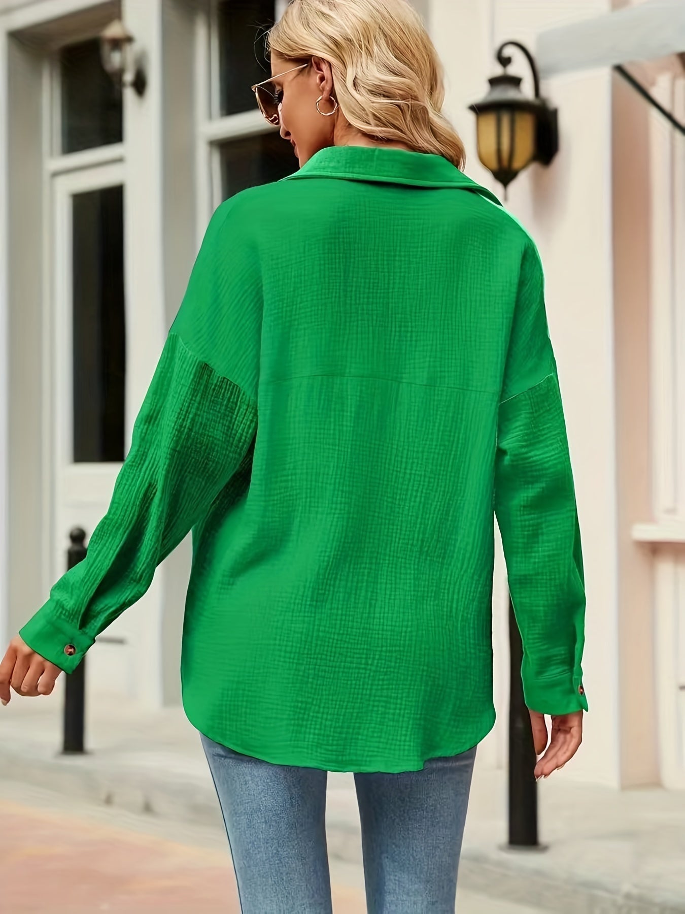 V-neck Loose Lapel Blouses, Casual Pocket Button Down Long Sleeve Fashion Shirts Tops