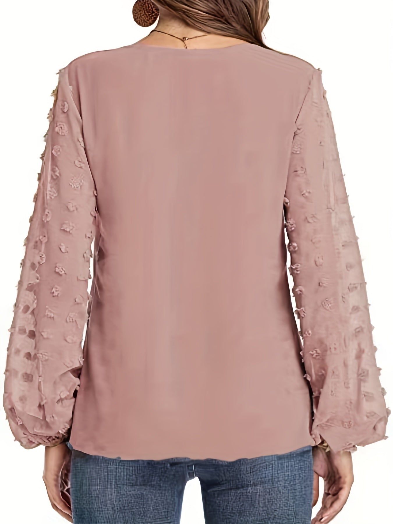 Swiss Dot Sleeve Shirt, Casual V Neck Solid Shirt