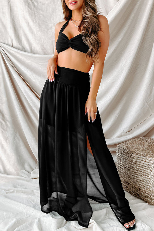 Black Shirred High Waist Chiffon Split Beach Maxi Skirt