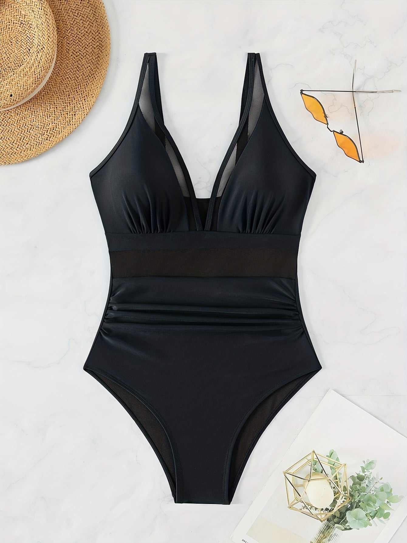 Solid Mesh Contrast One-piece Swimsuit, V Neck Stretchy Ruched Bathing Suits