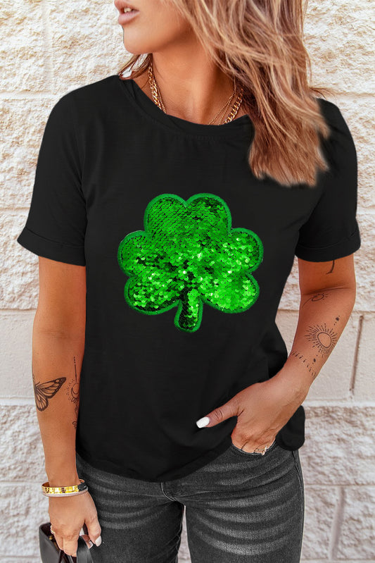 Black Sequin Clover Embroidered Round Neck Graphic Tee