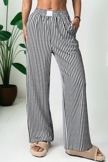 Black Stripe Elastic High Waist Pocketed Loose Pants