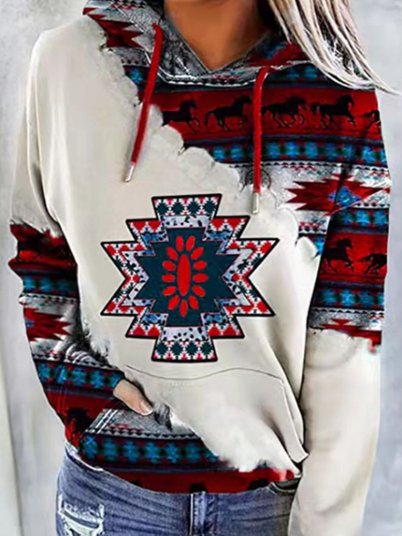 Aztec Geo Print Kangaroo Pocket Hoodie, Casual Long Sleeve Drawstring Hoodies Sweatshirt
