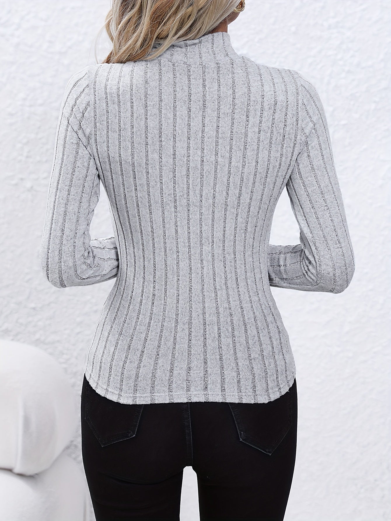 Solid Ribbed Mock Neck Pullover Sweater, Elegant Long Sleeve Sweater