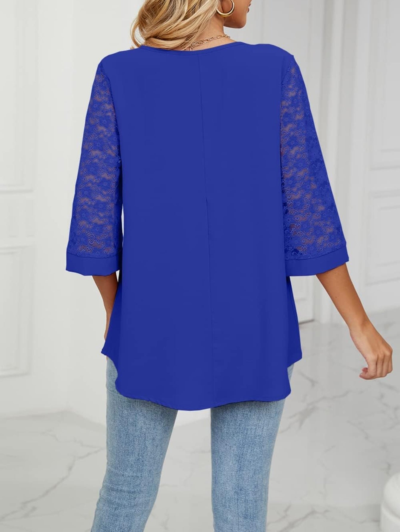 Casual 3/4 Sleeve Lace Chiffon Solid T-Shirt