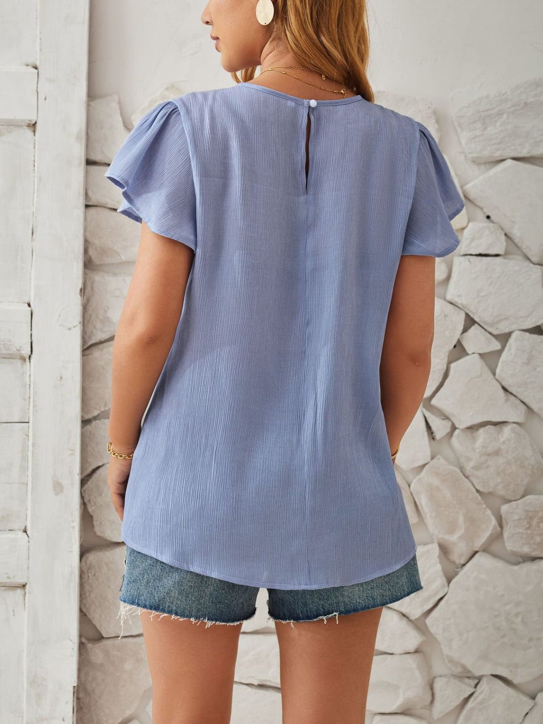 Solid Crew Neck Ruffle Trim Blouse, Casual Textured Simple Blouse