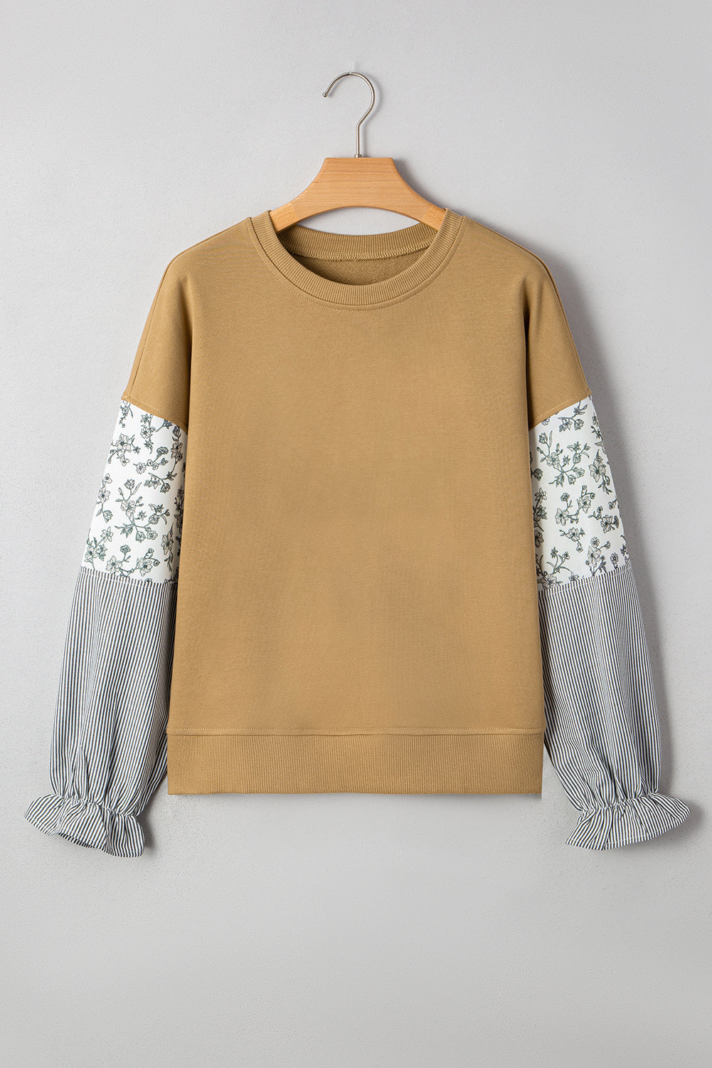 Camel Floral Striped Patchwork Ruffled Sleeve Crew Neck Sweatshirt