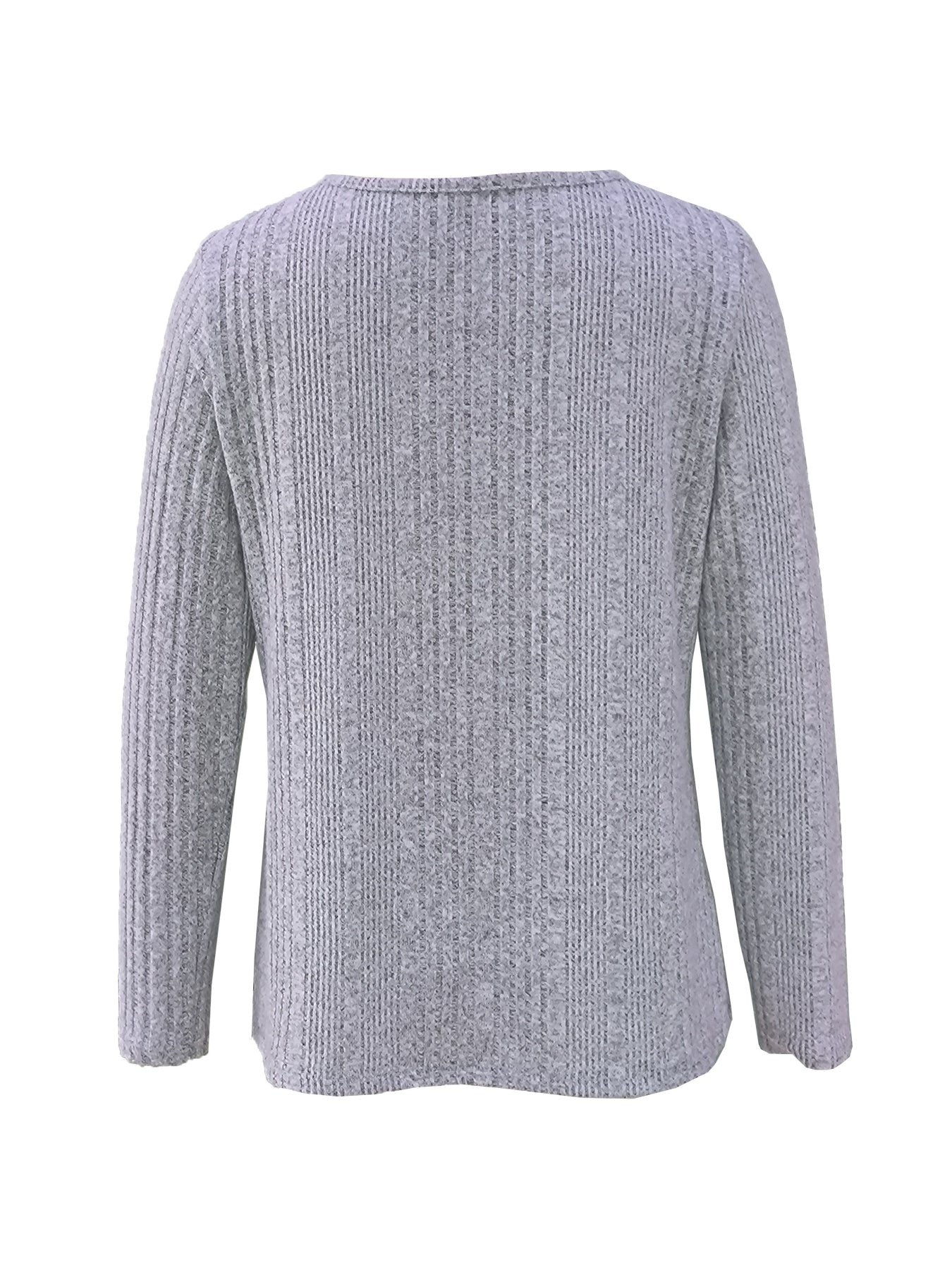 Ribbed Button Decor Notch Neck T-Shirt, Casual Long Sleeve Top