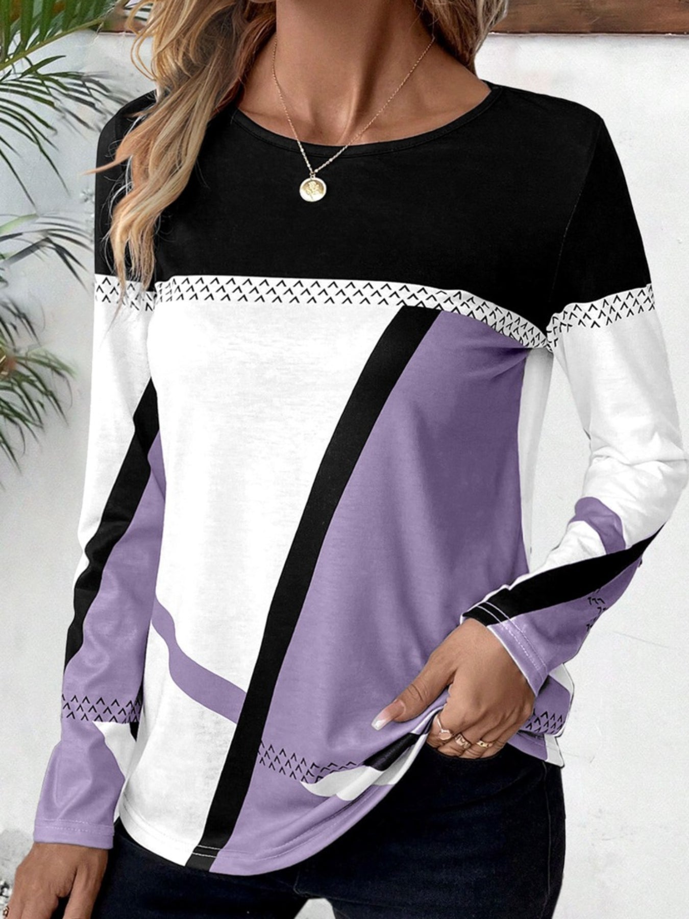 Color Block Crew Neck T-shirt, Casual Long Sleeve Top