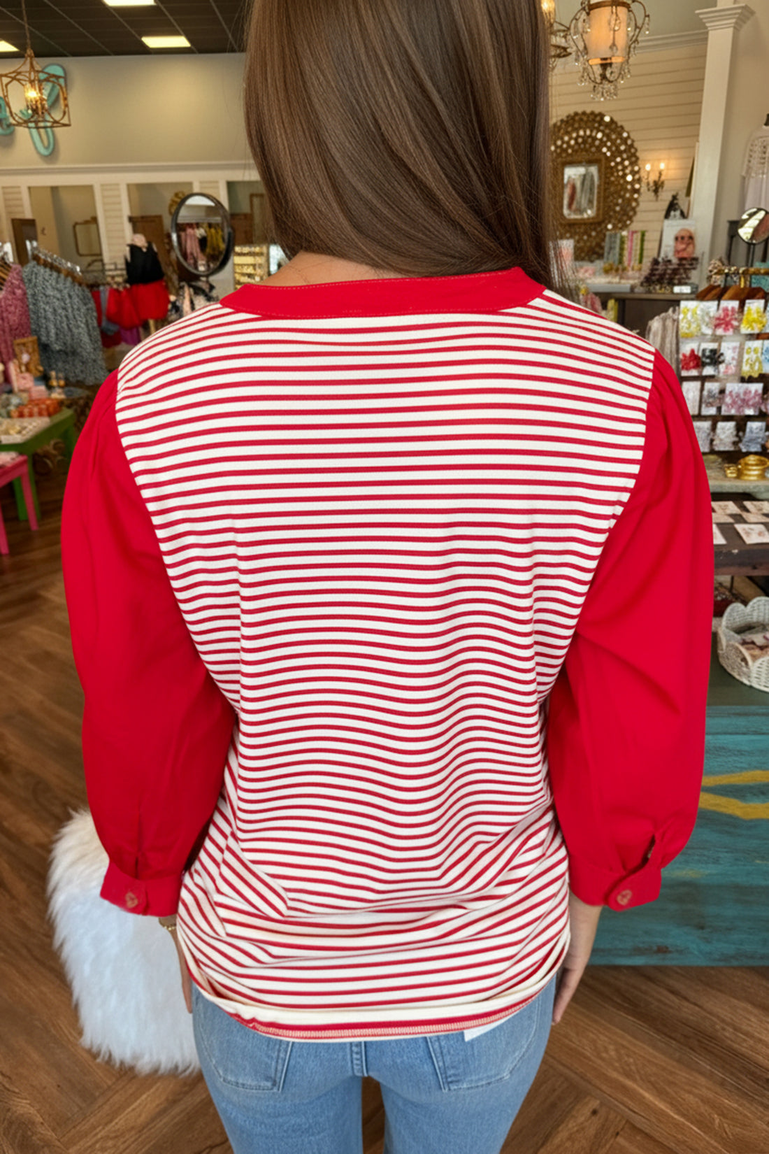 Red Stripe Half Placket V Neck Contrast 3/4 Sleeve Patchwork Top