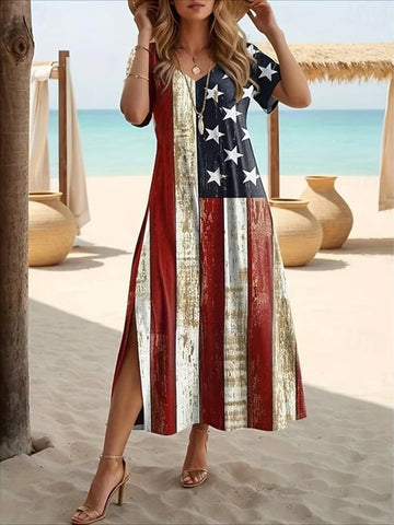 Independence Day Patriotic Loose Fit Graphic Geometric Flag Short Sleeve Crewneck Maxi Dress