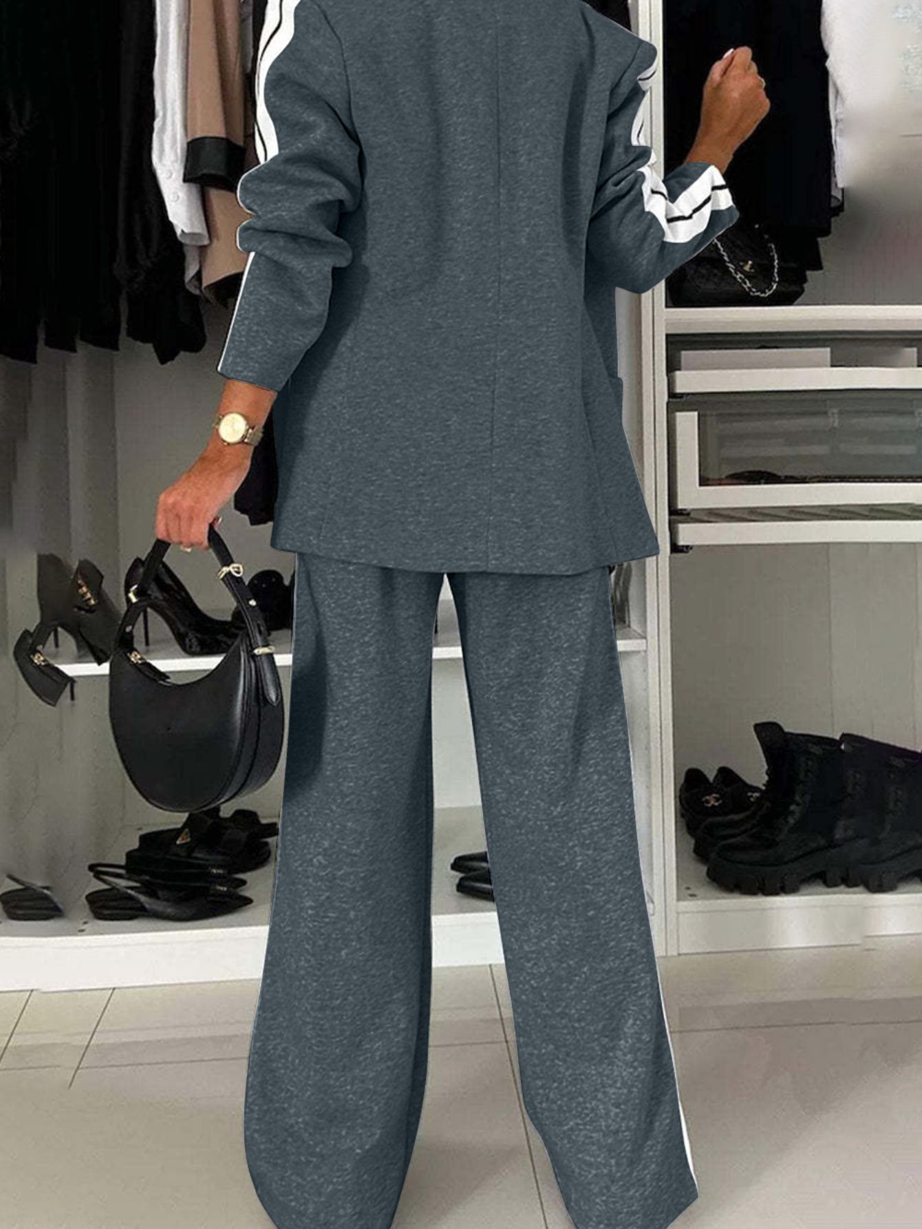 Full Size Contrast Lapel Collar Top and Pants Set