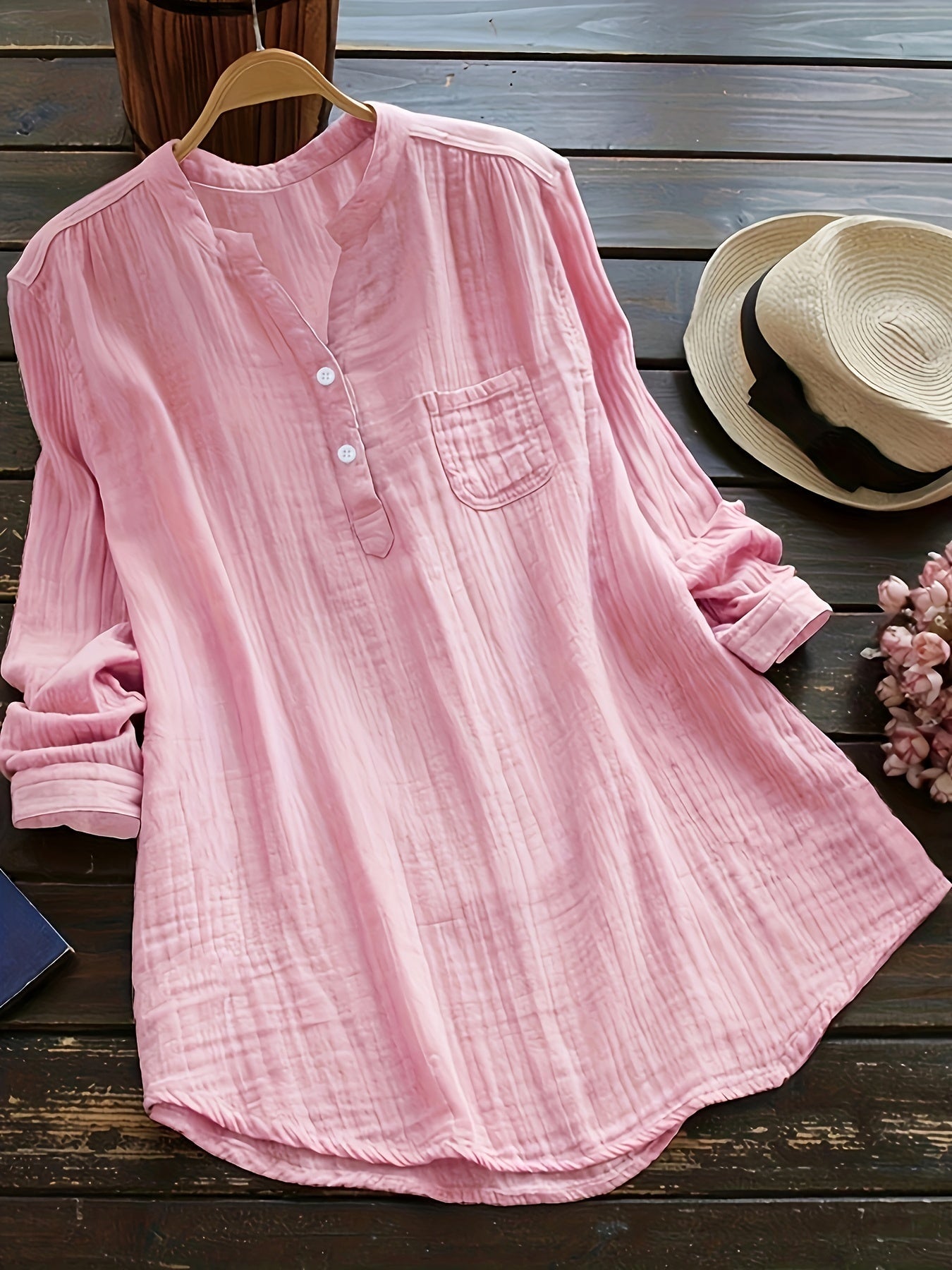 Solid Button Front Blouse, Casual V Neck Long Sleeve Blouse